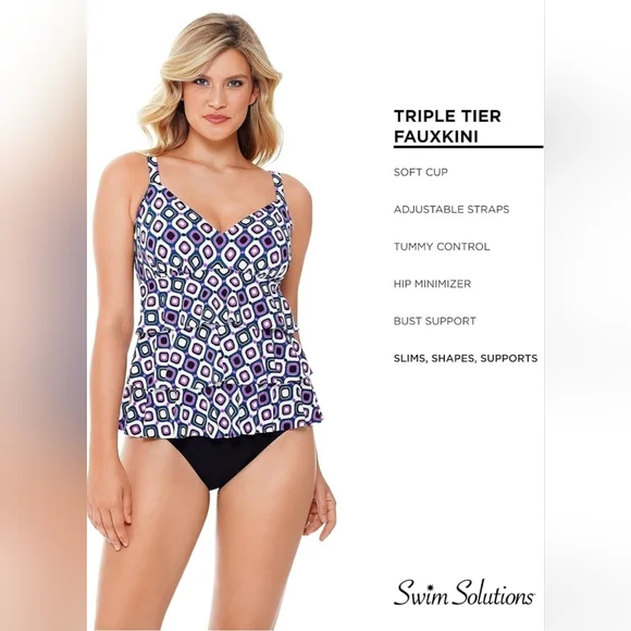 Swim Solutions Purple and White Geometric Triple-Tier Fauxkini Size 10 - Picture 2 of 10